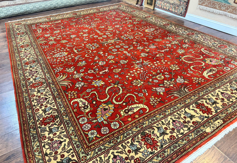 Romanian Rug 10x13, Vintage Handmade Wool Carpet, Floral Pattern, Birds, Red and Cream, Signed By Masterweaver, Persian Rug by Jewel Rugs