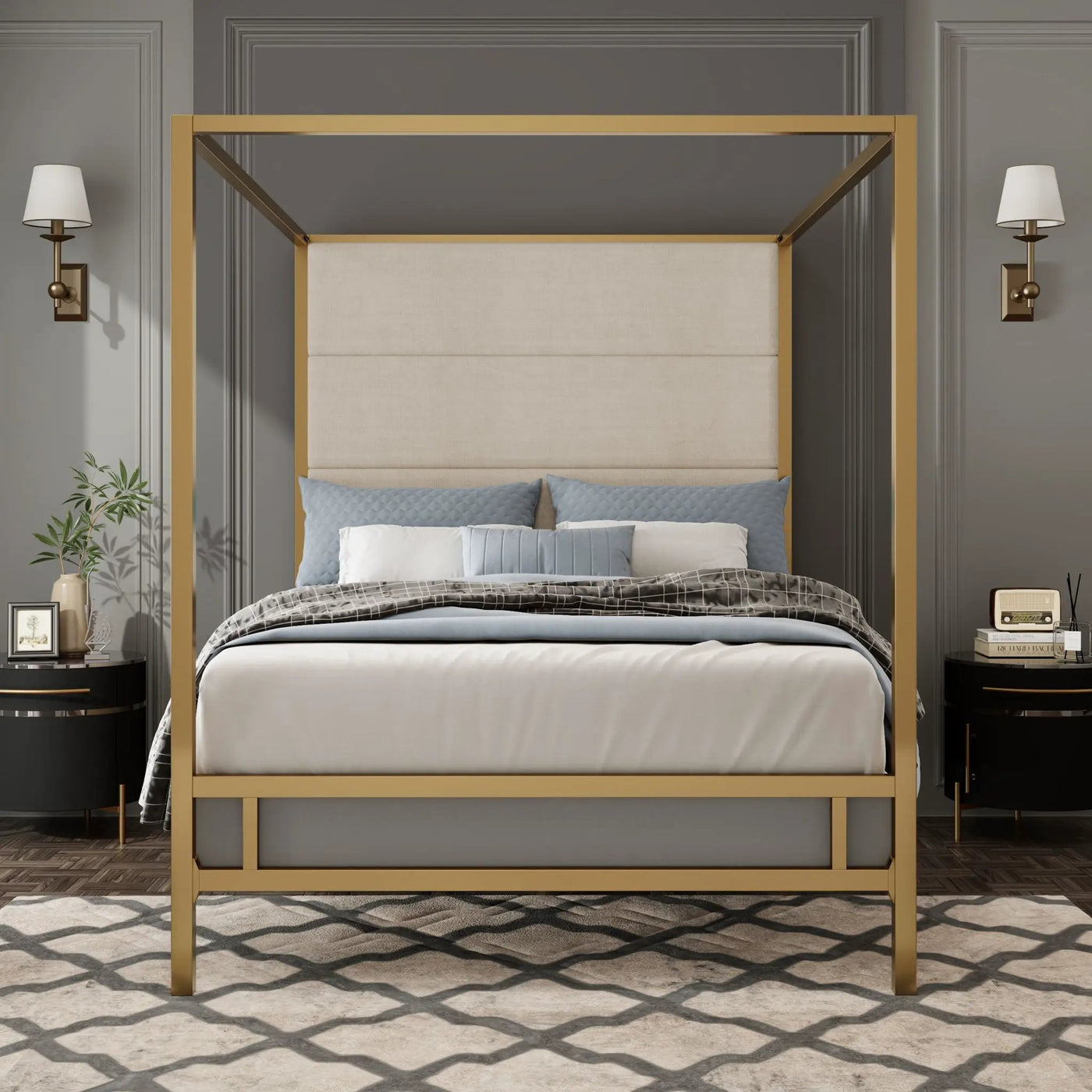 Canopy Bed With Tall Upholstered Headboard, 4 Poster Frame by HouseOfZazla