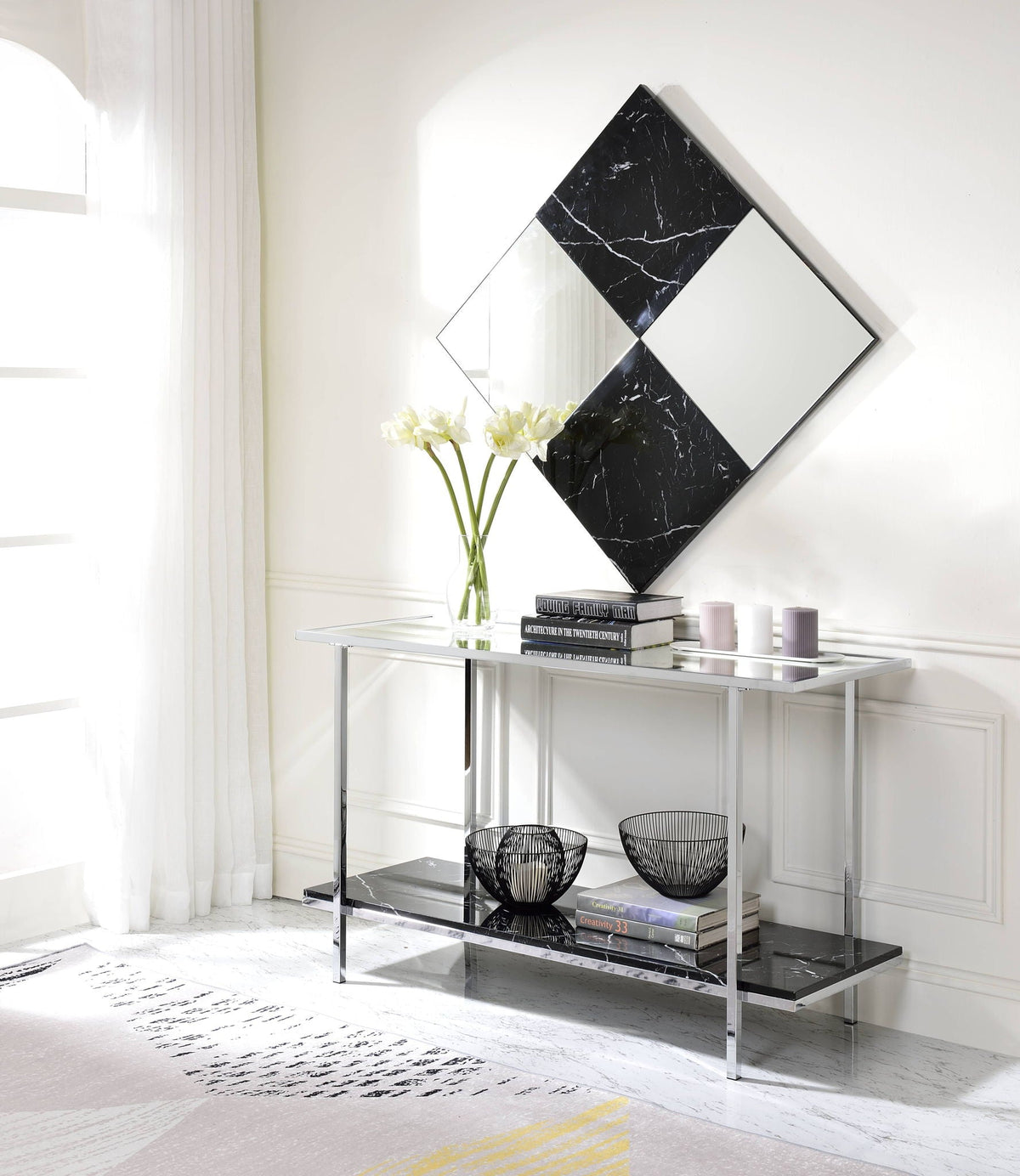 Mirrored Faux Marble Console Table with Metal Frame - Multi