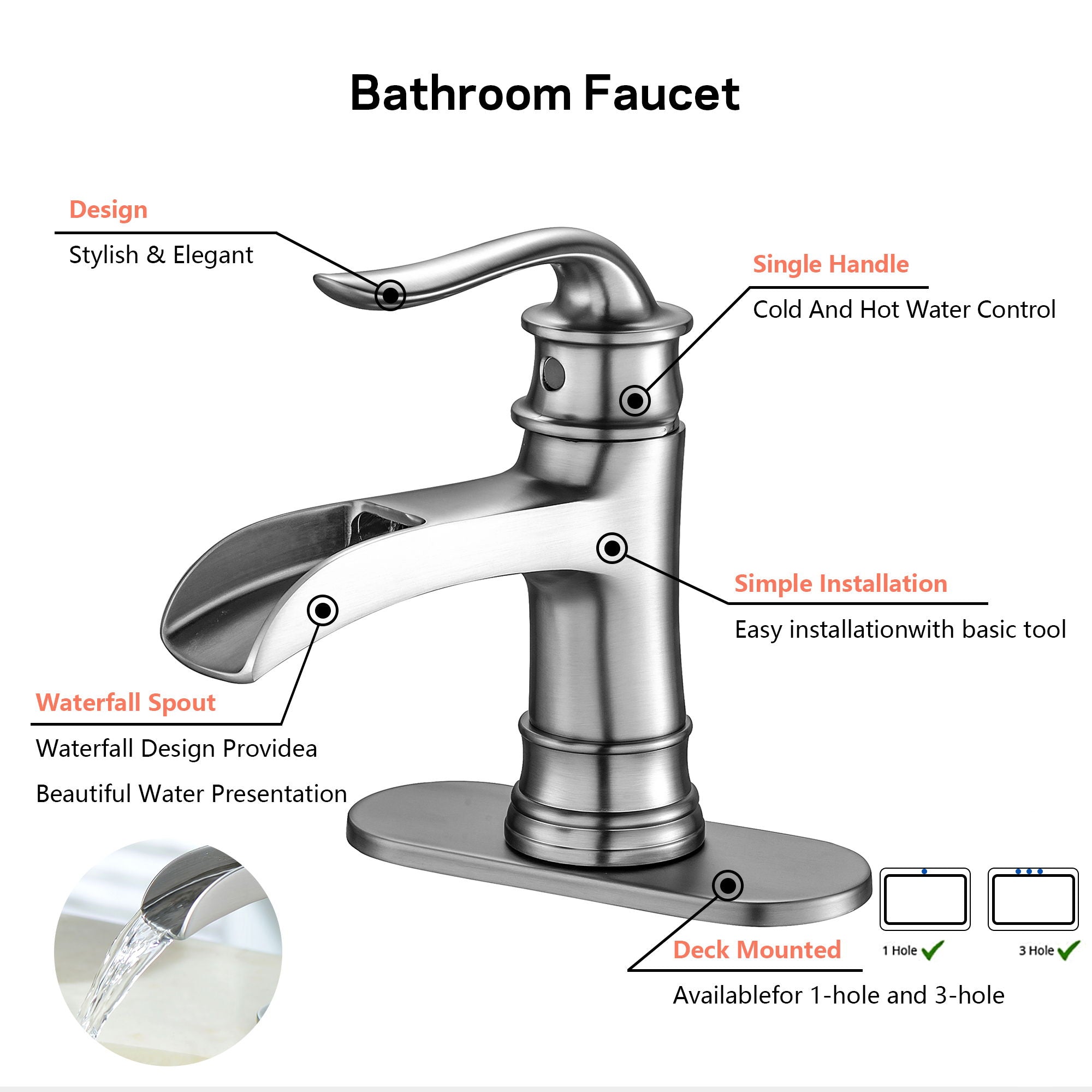 Waterfall Spout Bathroom Faucet With Single Handle And Pop Up Drain - Brushed Nickel by HouseOfZazla