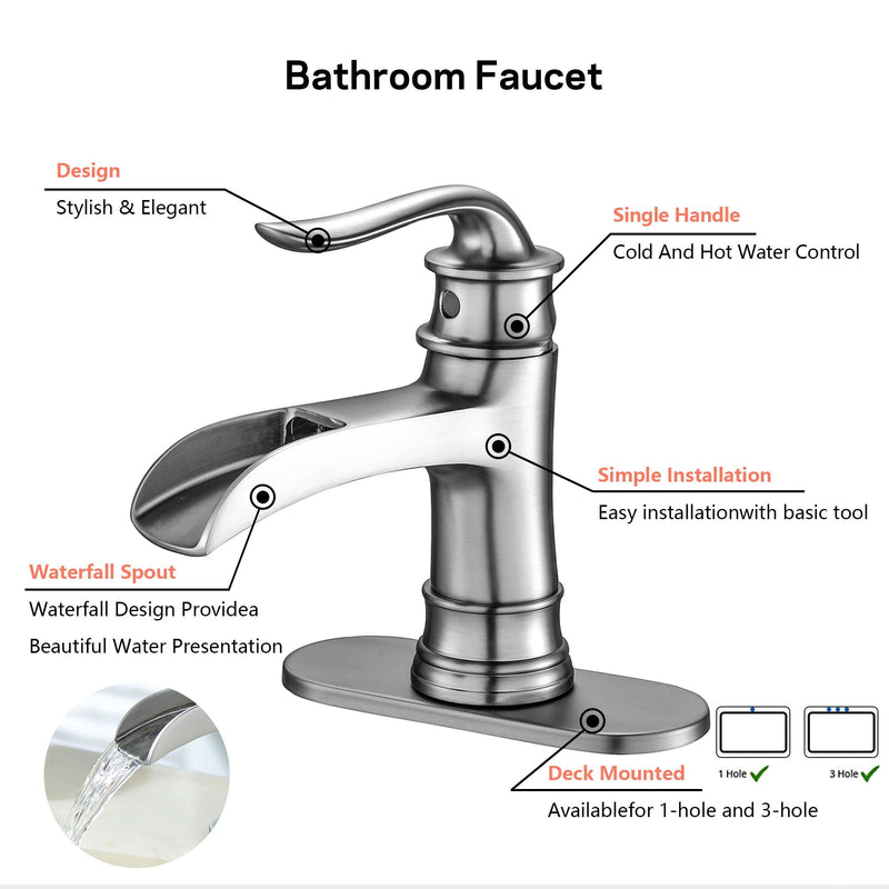 Waterfall Spout Bathroom Faucet With Single Handle And Pop Up Drain - Brushed Nickel by HouseOfZazla