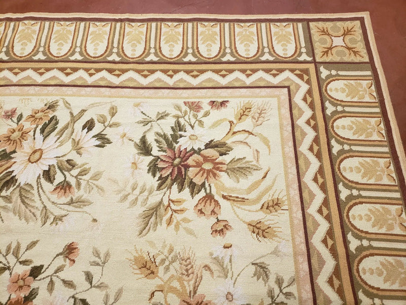 Needlepoint Rug 8x10 Aubusson Rug Victorian Floral Rug Handmade French Style French Decor Garden Panel Beige 8 x 10 Area Rug 100% Wool by Jewel Rugs