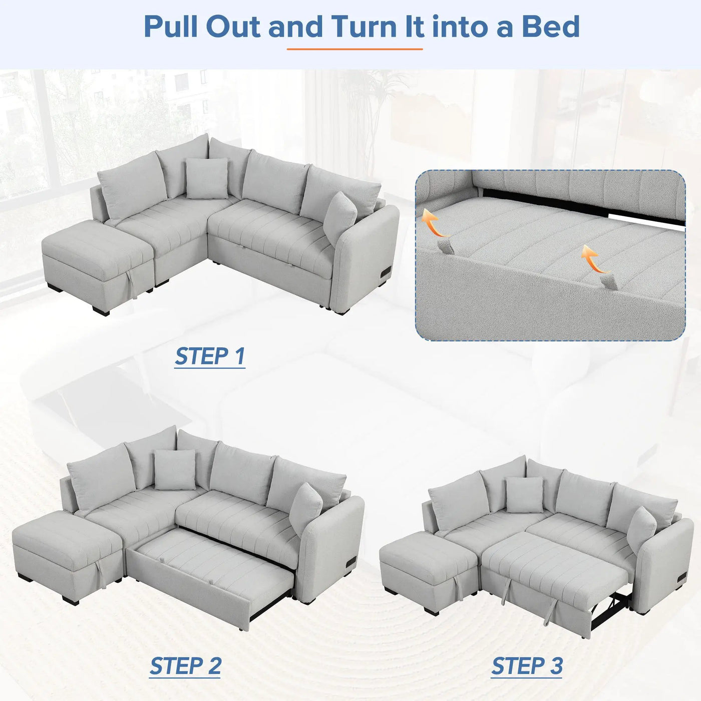 L-Shaped Sectional Pull Out Sofa Bed Sleeper Sofa With Two USB Ports, Two Power Sockets And A Movable Storage Ottoman by Unique Piece Furniture