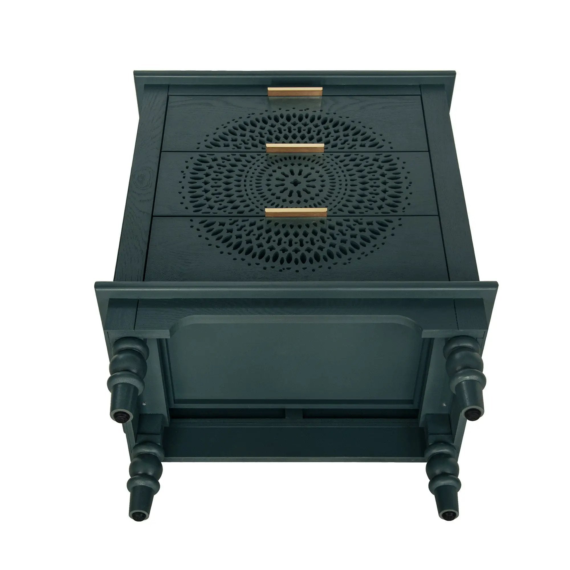 Hollow Carved 3 Drawer Dresser With Metal Handles, Storage Chest For Living Room Or Bedroom - Blackish Green by HouseOfZazla