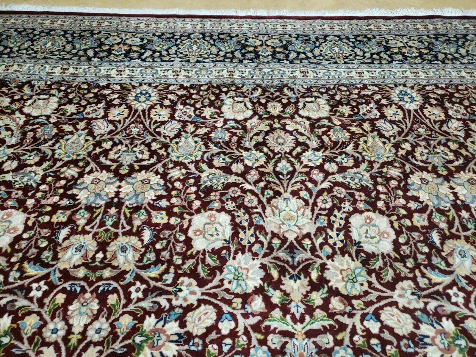 Persian Rug 9x12, Floral Allover, Very Fine, Handmade, Room Sized Oriental Carpet, Sino Persian, Maroon and Navy Blue by Jewel Rugs