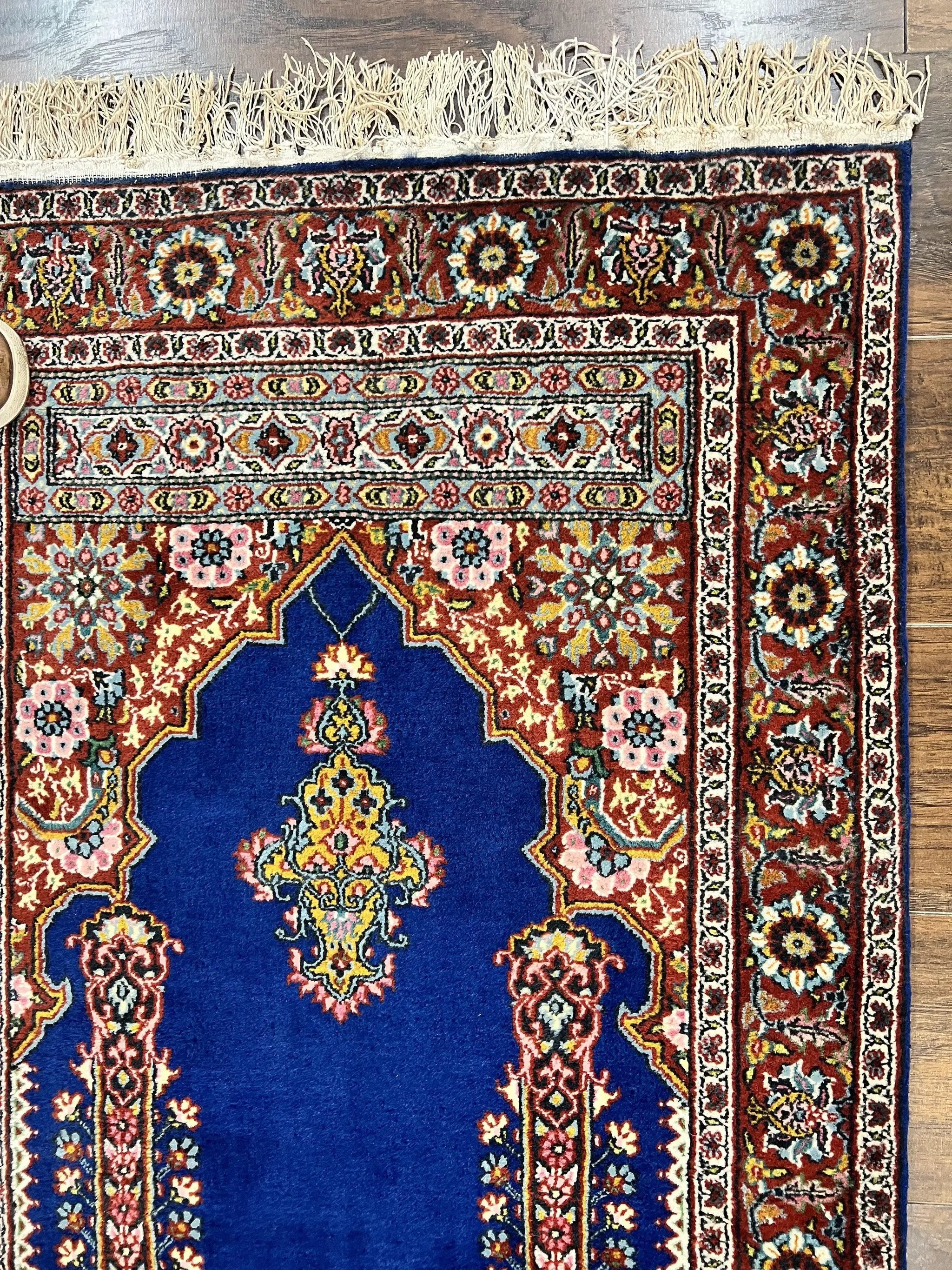 Indo Persian Prayer Rug 3x5, Fine Oriental Carpet, Dark Blue and Red, Vintage Hand Knotted Handmade Prayer Rug by Jewel Rugs