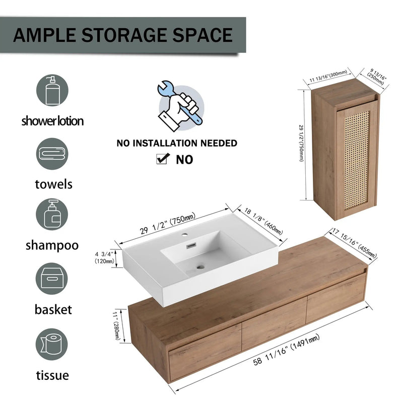 Modern Imitative Wall Mounted Bathroom Vanity With Resin Sink And Side Cabinet by HouseOfZazla