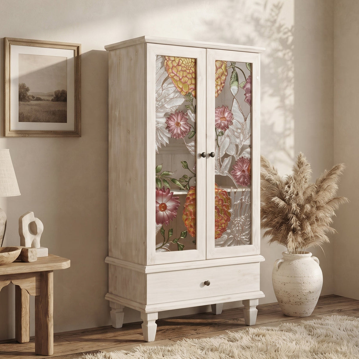 French Country Accent Cabinet with 2 Glass Doors and Drawers - White Antique, photo 2 of 10