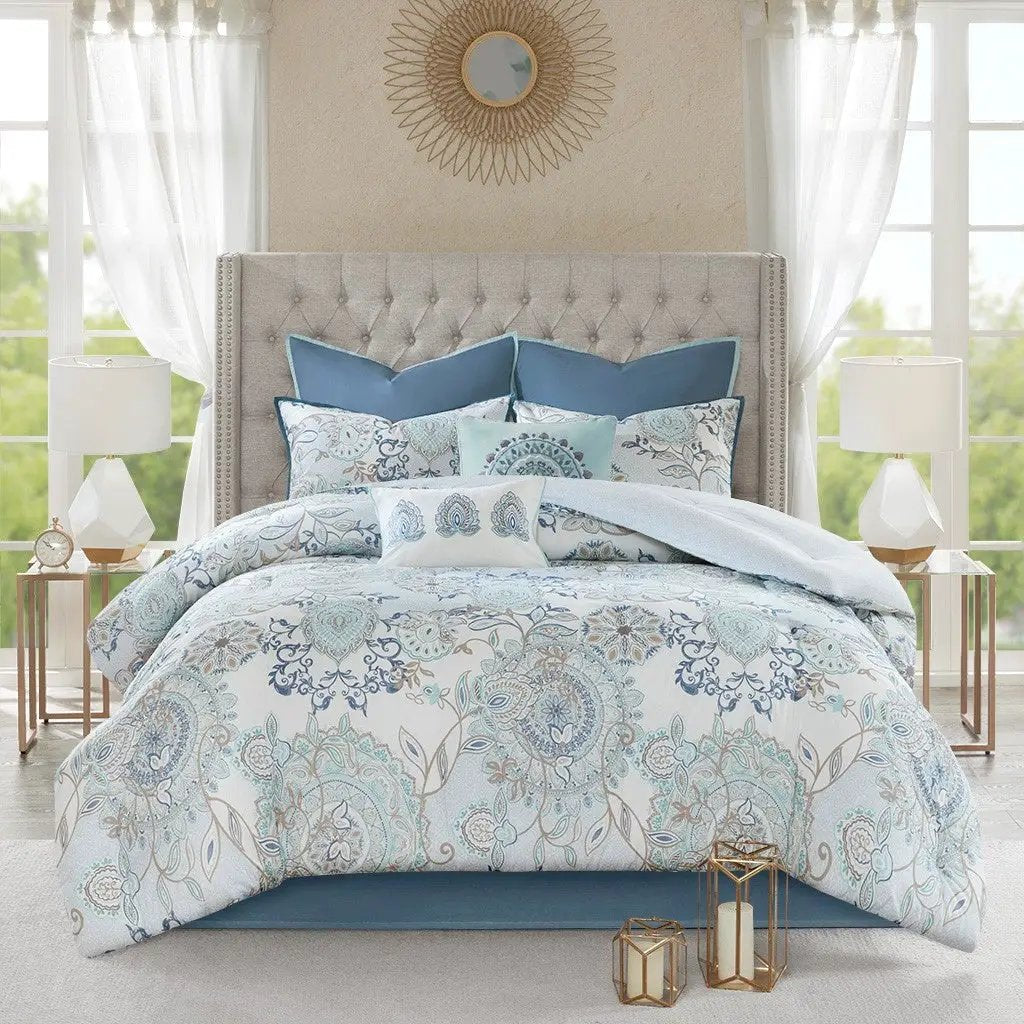 8 Piece Cotton Floral Printed Reversible Comforter Set Blue by HouseOfZazla