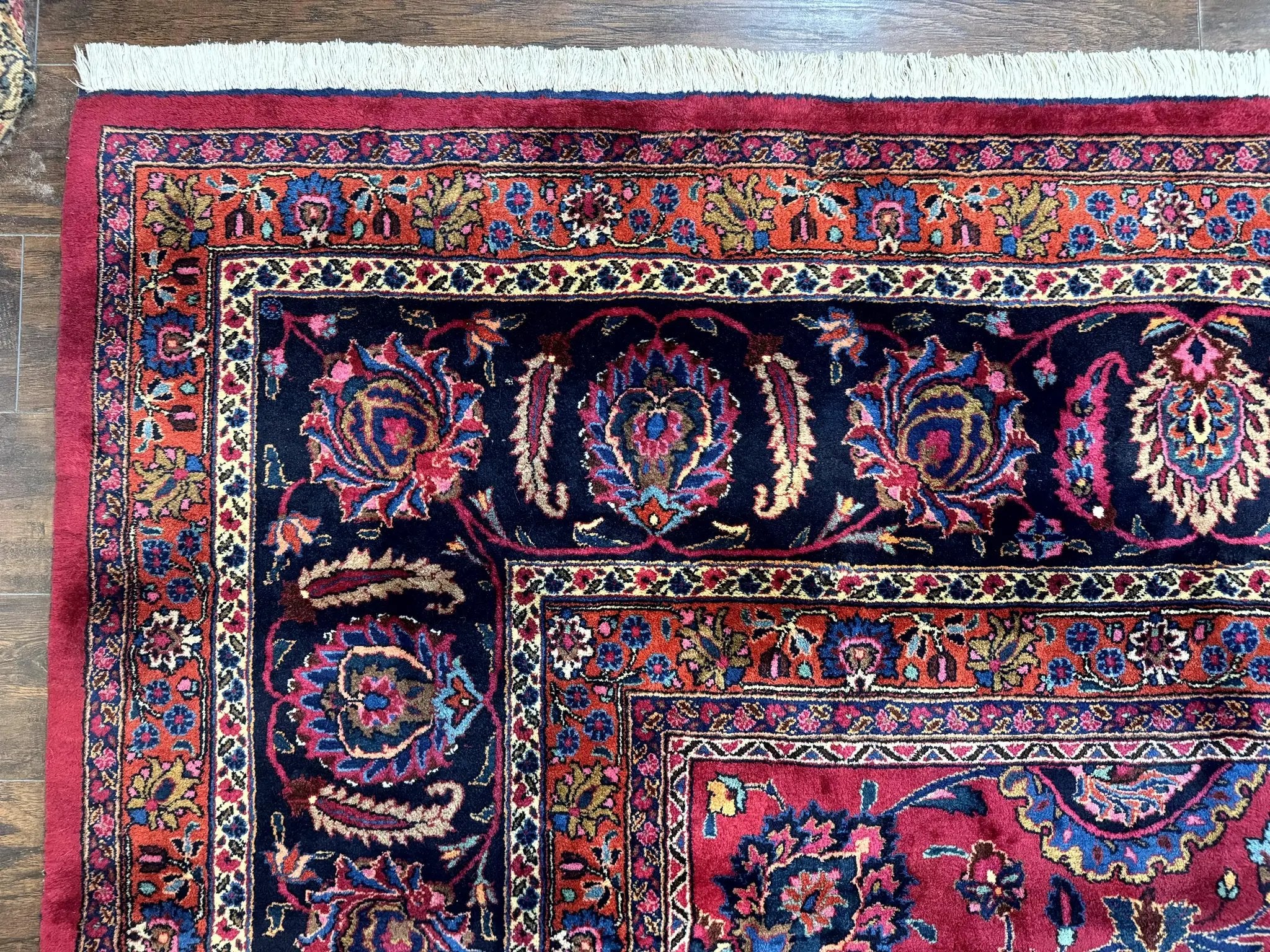 Palace Size Persian Mashad Rug 12x16, Raspberry and Navy Blue, Signature from Master Weaver, Antique Handmade Large Wool Carpet by Jewel Rugs