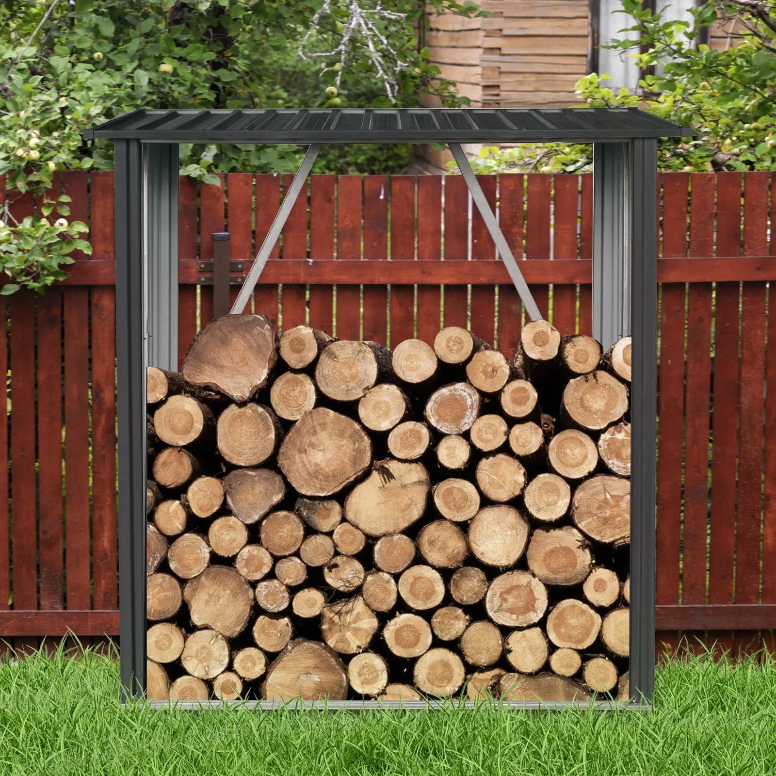 Outdoor Meta Firewood Rack, Open Wood Shed For Firewood, Pellet, Or Lumber Storage - Black by HouseOfZazla