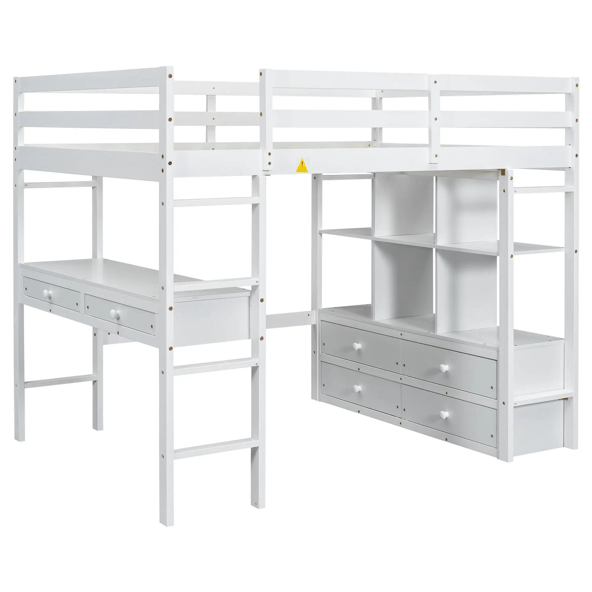 Full Size Loft Bed With Built In Desk, 2 Drawers, Storage Shelves - White by HouseOfZazla