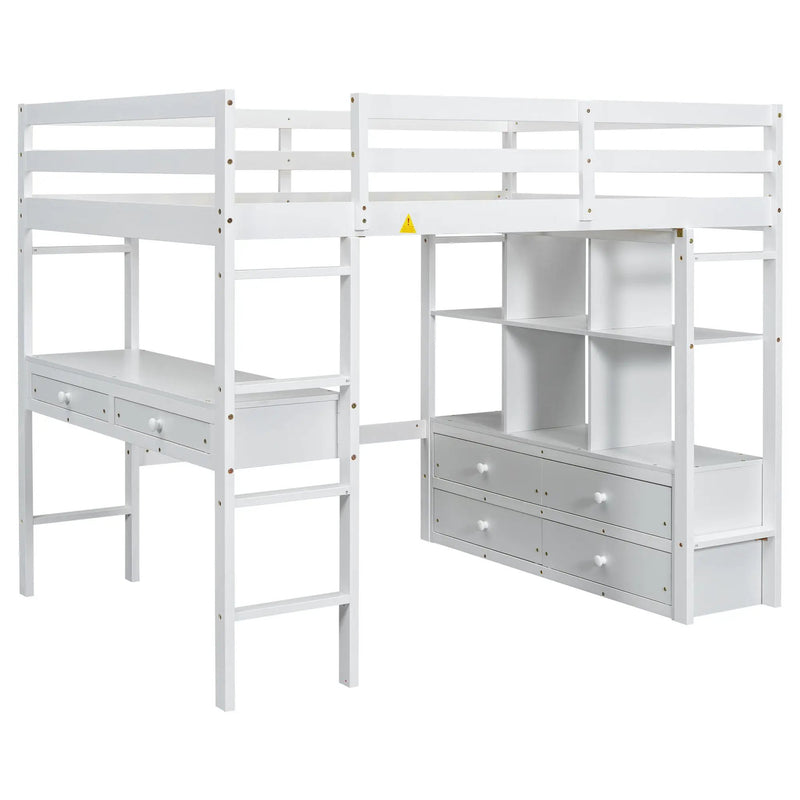 Full Size Loft Bed With Built In Desk, 2 Drawers, Storage Shelves - White by HouseOfZazla
