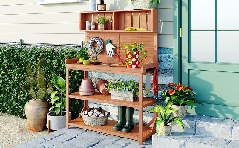 TOPMAX 65' Large Wooden Farmhouse Rustic Outdoor Potting Bench Table by HouseOfZazla