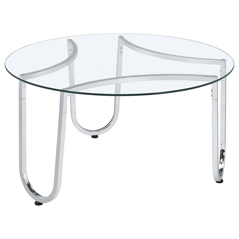 Beller Round Tempered Glass Top Cocktail Coffee Table Chrome by Unique Piece Furniture