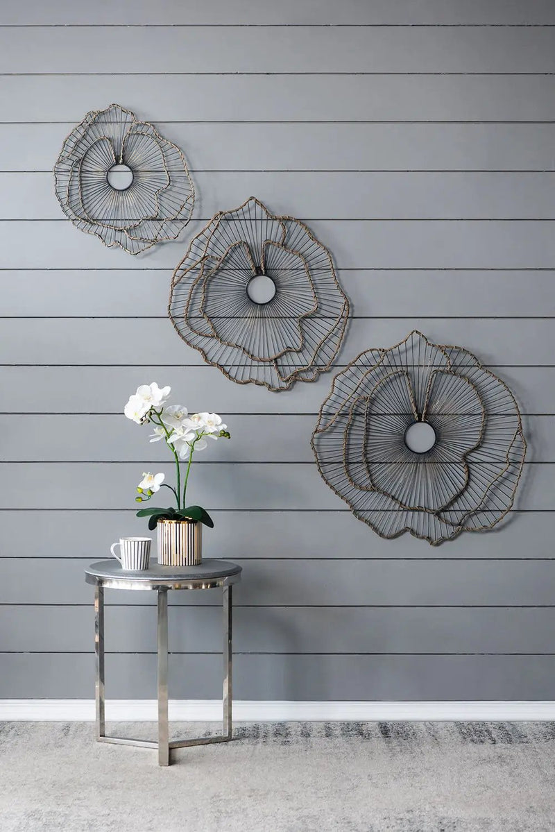 Metal Flowers Wall Decor, Transitional Wall Floral Sculpture For Foyer Porch Hallway Entrance (Set of 3) - Gold by Unique Piece Furniture