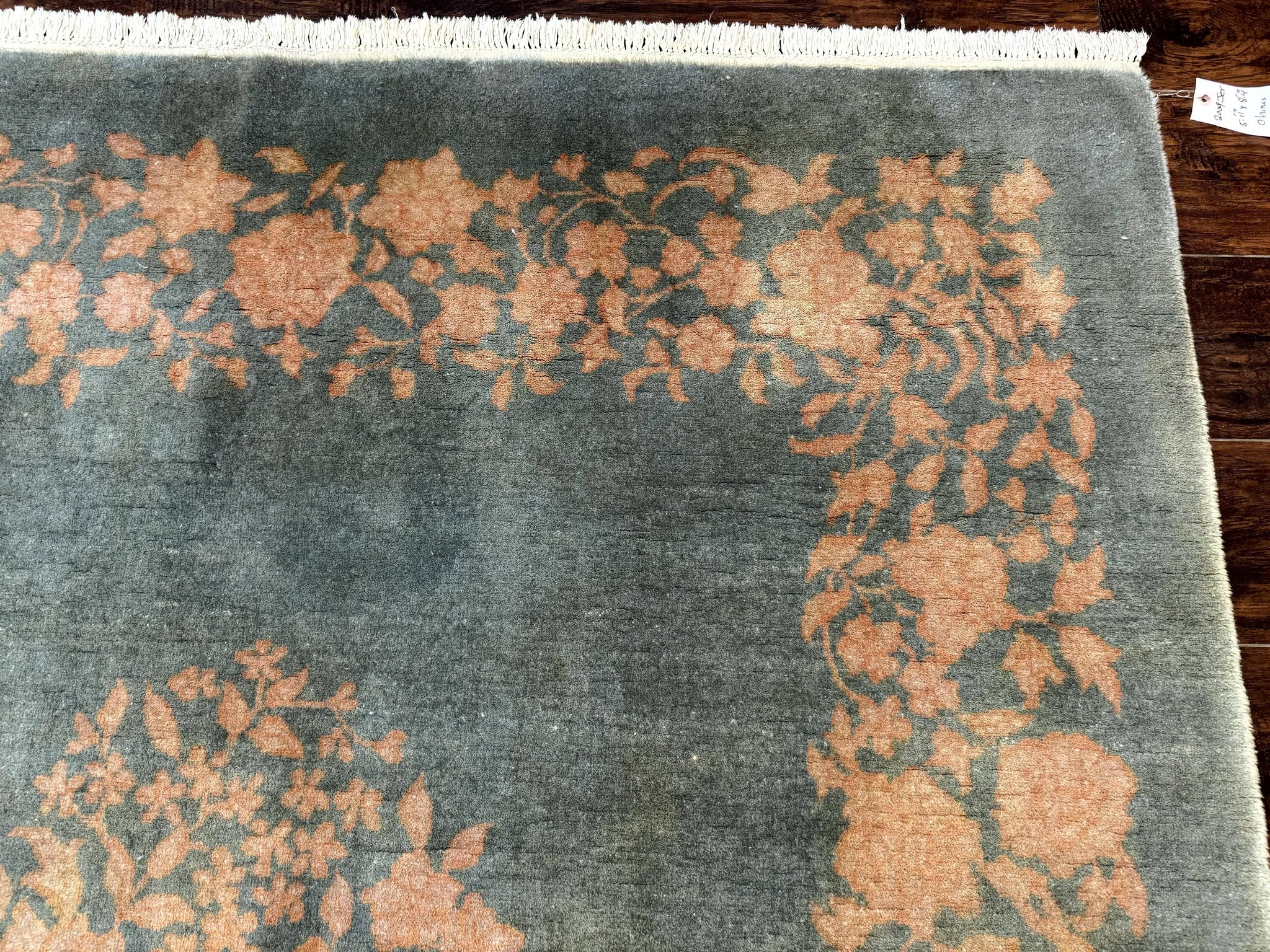 Teal Chinese Wool Rug 6x8, Vintage Handmade Carpet, Floral, Semi Open Field by Jewel Rugs