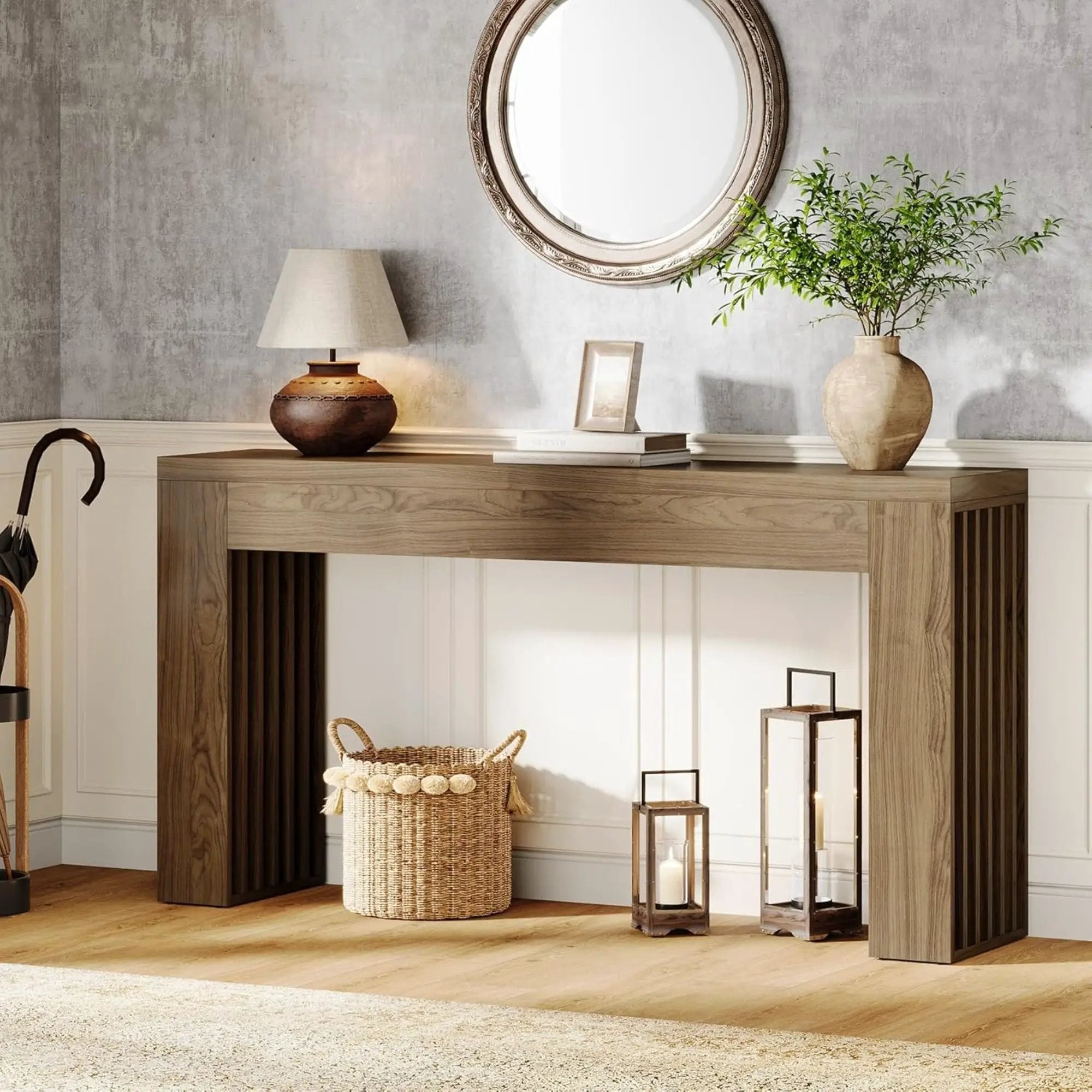 Console Table With Vertical Slat Legs For Entryway - Rustic Brown by HouseOfZazla