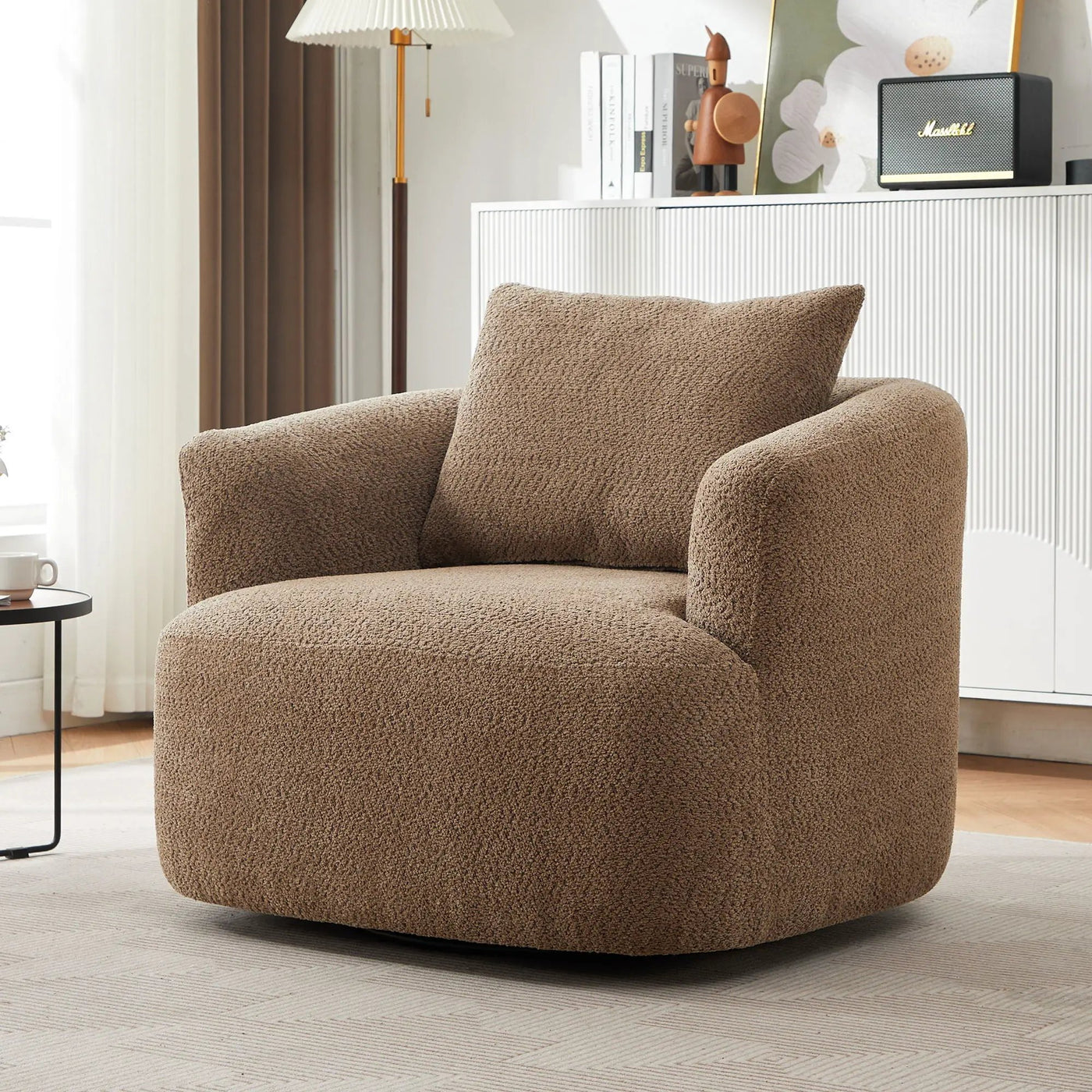 360° Swivel Barrel Sofa Chair With Throw Pillow, Upholstered Accent Chair by Unique Piece Furniture