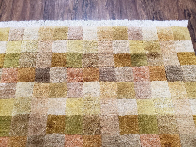 4x6 Tibetan Rug, Modern Abstract Handmade Area Rug, Checkerboard Pattern, Neutral Ivory Gold Tan Colors, Soft Pile, Mid Sized Rug, Nepali by Jewel Rugs