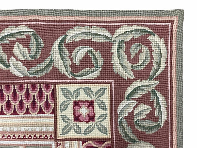 Aubusson Needlepoint Rug 9x12, Flatweave Carpet, Leaves, Wool, New, Handmade by Jewel Rugs