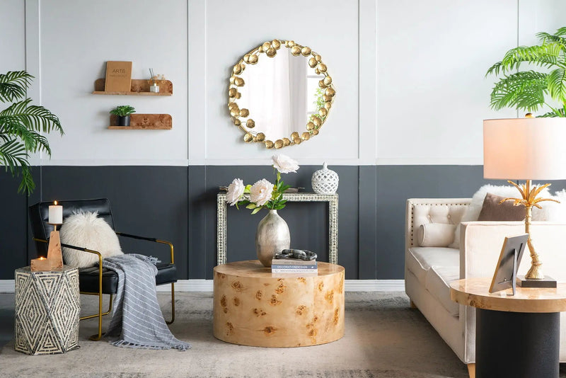 Round Metal Wall Mirror With en Leaf Accents, Modern Decor Mirror For Living Room Entryway Hallway - Gold by Unique Piece Furniture