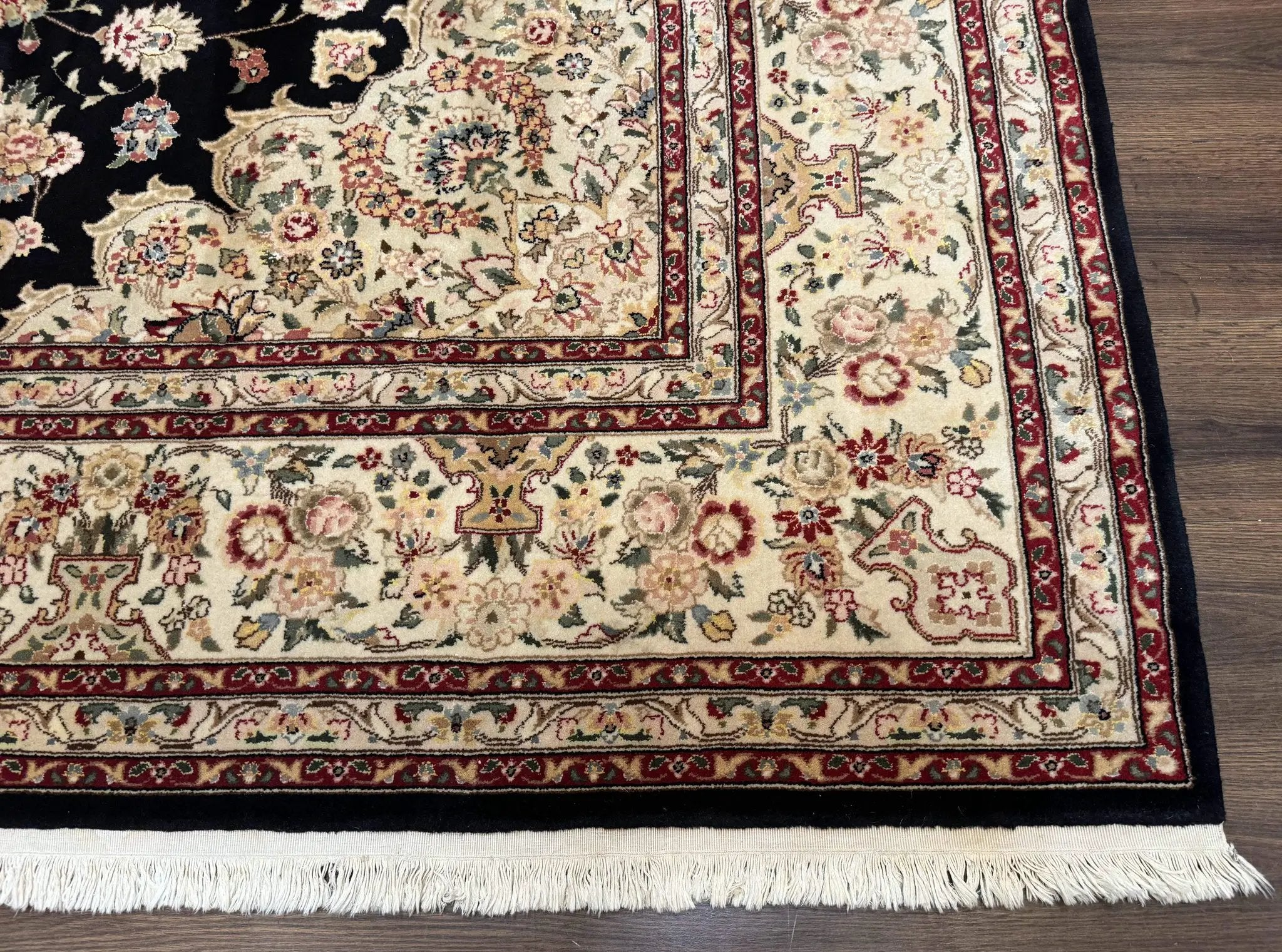 Sino Persian Rug 9x12, Black and Beige, Floral Medallion, Wool & Silk, Handmade by Jewel Rugs