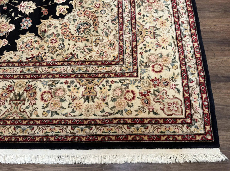 Sino Persian Rug 9x12, Black and Beige, Floral Medallion, Wool & Silk, Handmade by Jewel Rugs