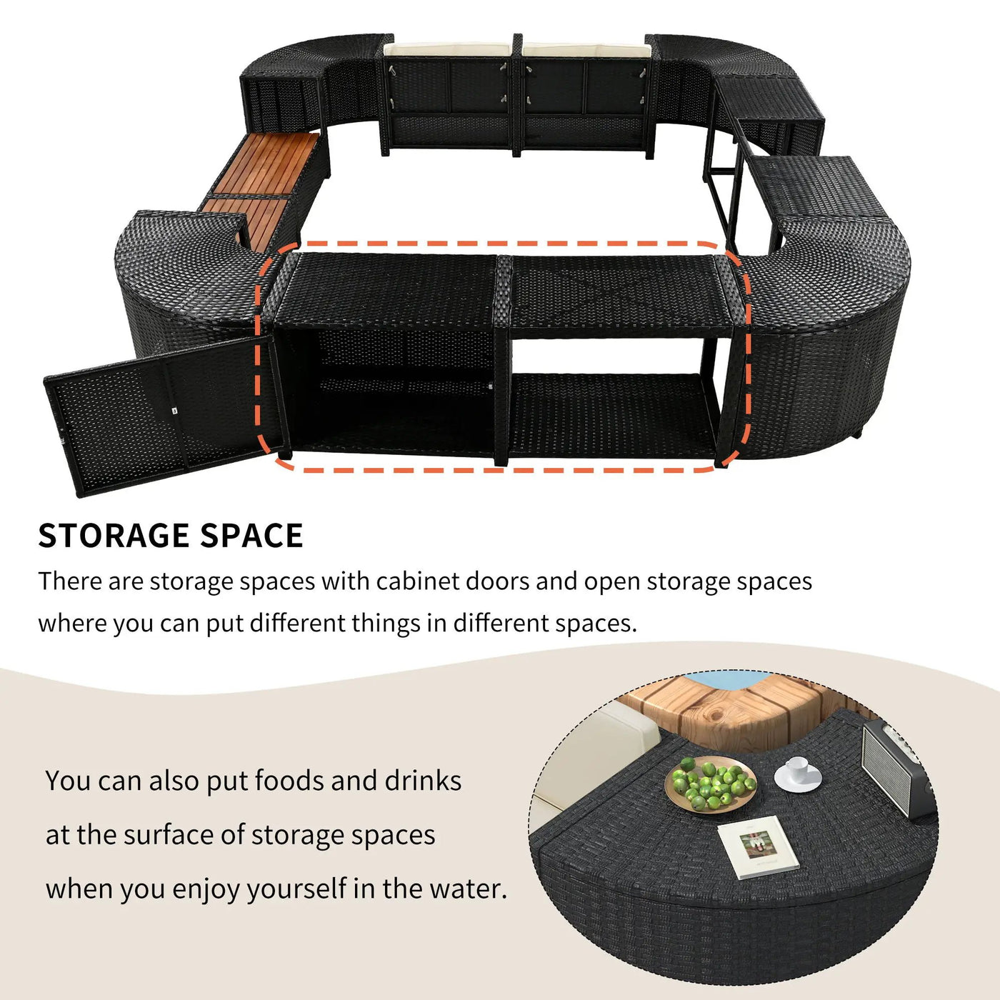 Spa Surround Spa Frame Quadrilateral Outdoor Rattan Sectional Sofa Set With Mini Sofa, Wooden Seats And Storage Spaces by Unique Piece Furniture