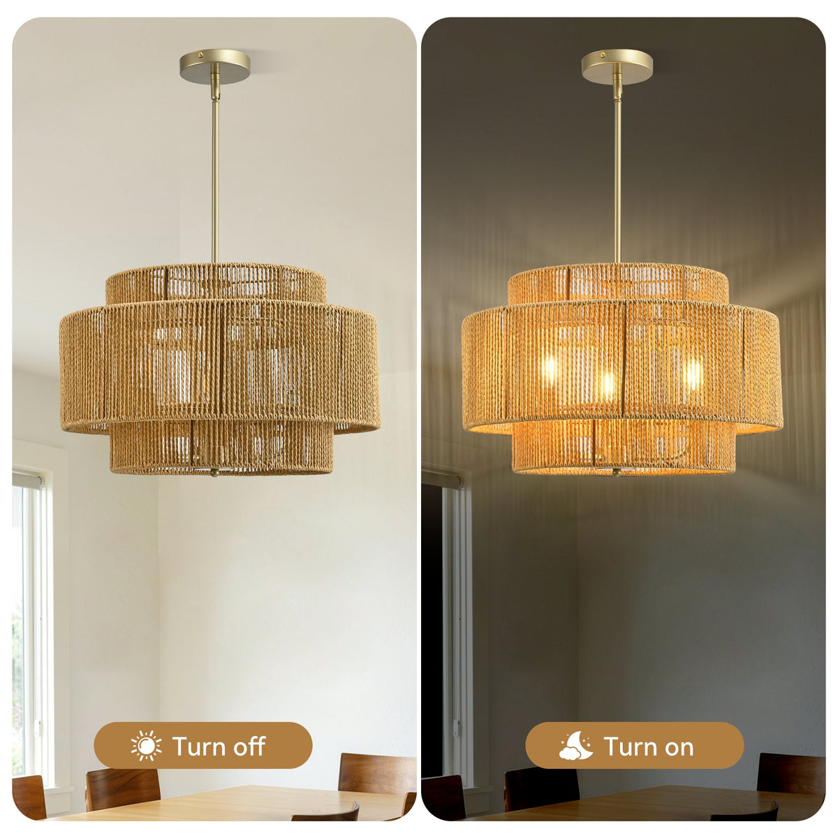 Boho Rattan Chandelier with Rustic Modern 3-Light Design - Natural Finish, photo 5 of 7