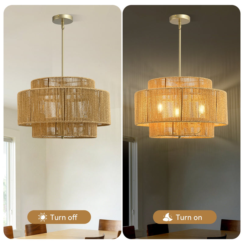 Boho Rattan Chandelier with Rustic Modern 3-Light Design - Natural Finish, photo 5 of 7