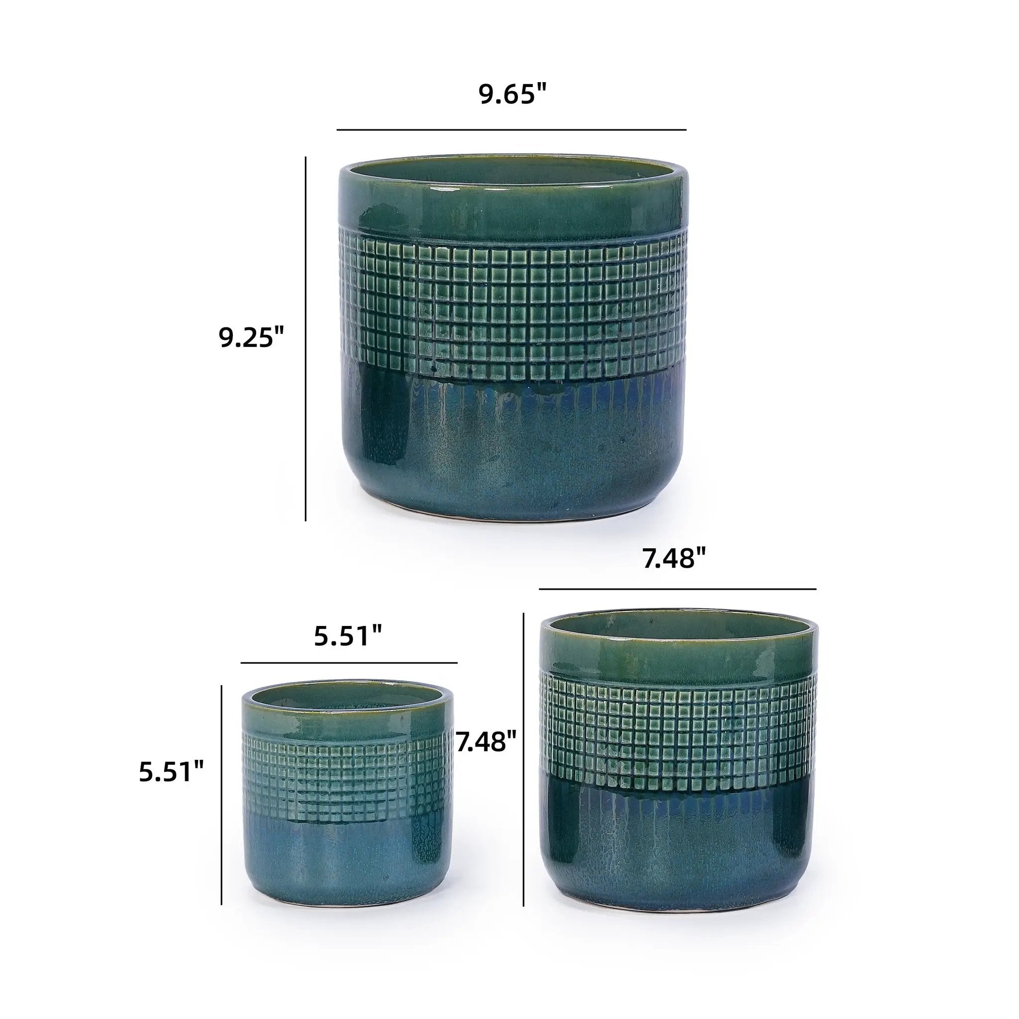 Set of 3 Grid Ceramic Flowerpot, Modern Planter for Patio, Garden, Windowsill - Blue Green by HouseOfZazla