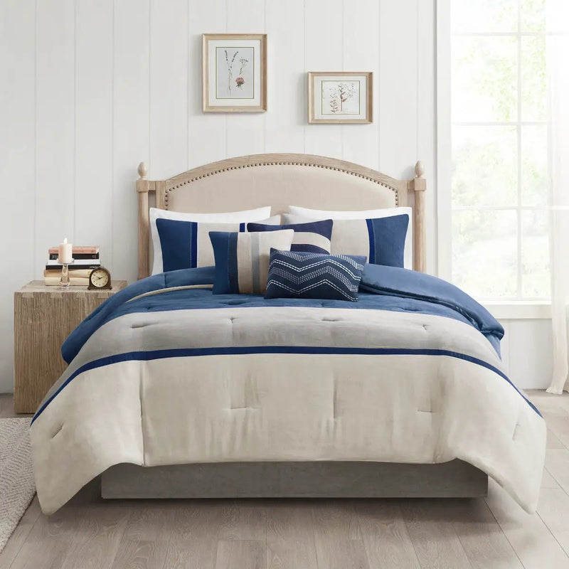 7 Piece Faux Suede Comforter Set Blue California King by HouseOfZazla