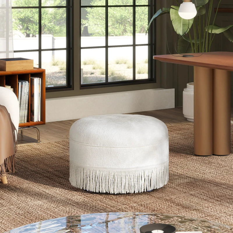 Yolanda - Round Upholstered Accent Ottoman - Almond White by HouseOfZazla