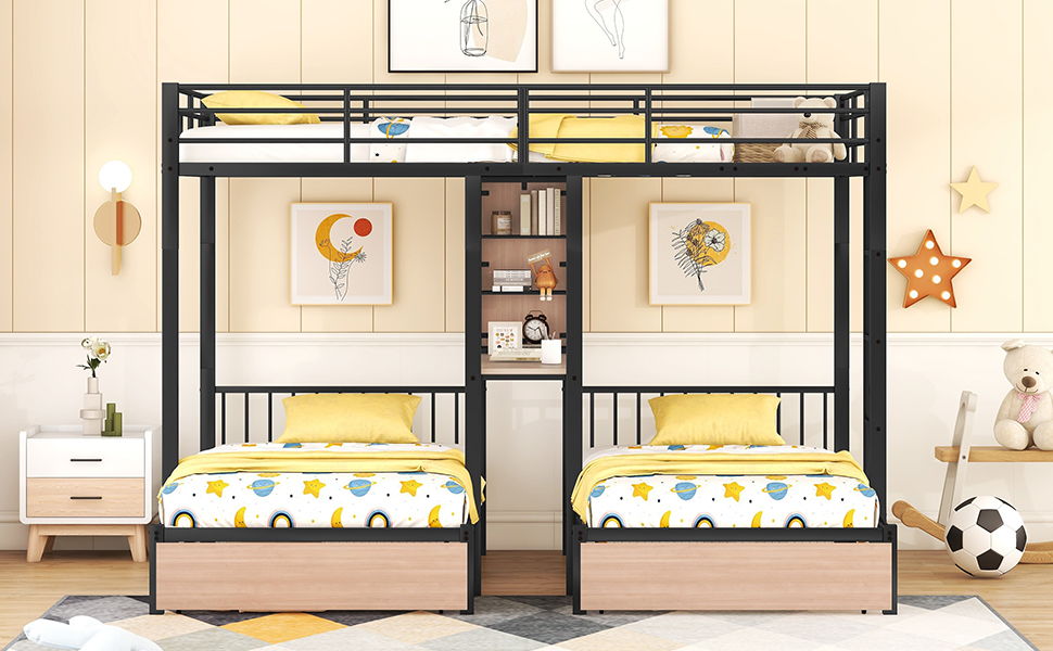 Triple Bunk Bed With Drawers, Multi-Functional Frame With Desks And Shelves In The Middle by HouseOfZazla