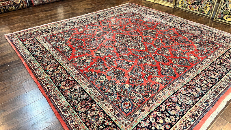 Square Persian Sarouk Rug 11x11 ft, Rare Size, Hand Knotted Wool Floral Allover Red Persian Carpet, Handmade Antique Rug by Jewel Rugs