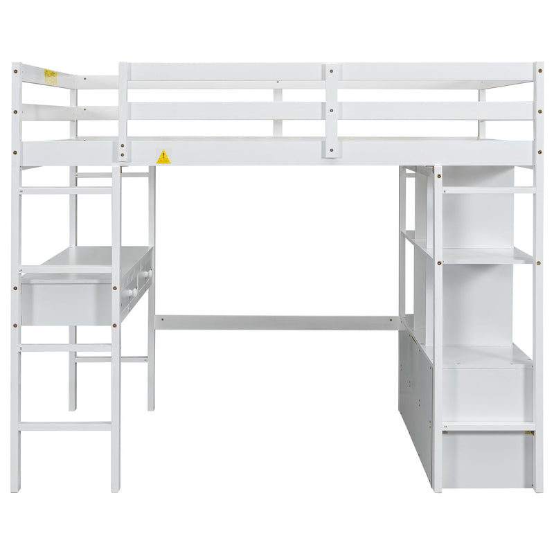 Full Size Loft Bed With Built In Desk, 2 Drawers, Storage Shelves - White by HouseOfZazla