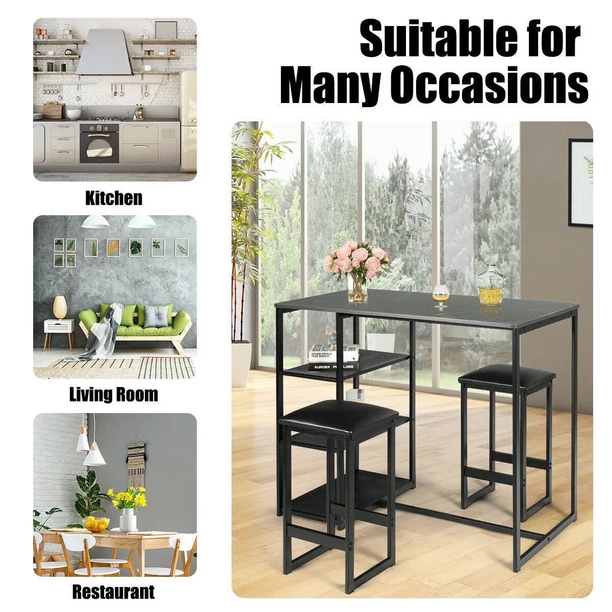 3 pcs Dining Set with Faux Marble Top Table and 2 Stools-Black by DirectDeals