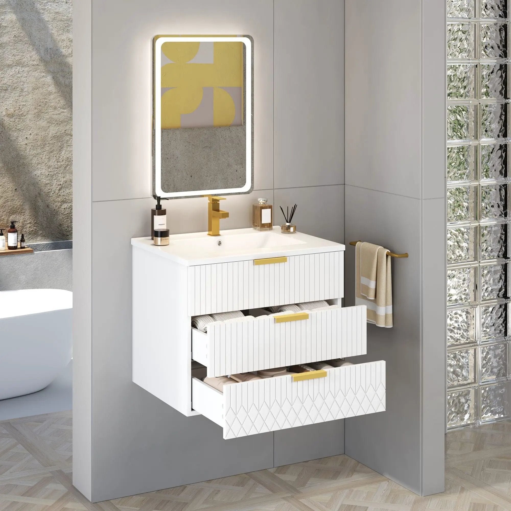 Wall Mounted Floating Cabinet With Double Drawer, Rectangular Sink by Unique Piece Furniture