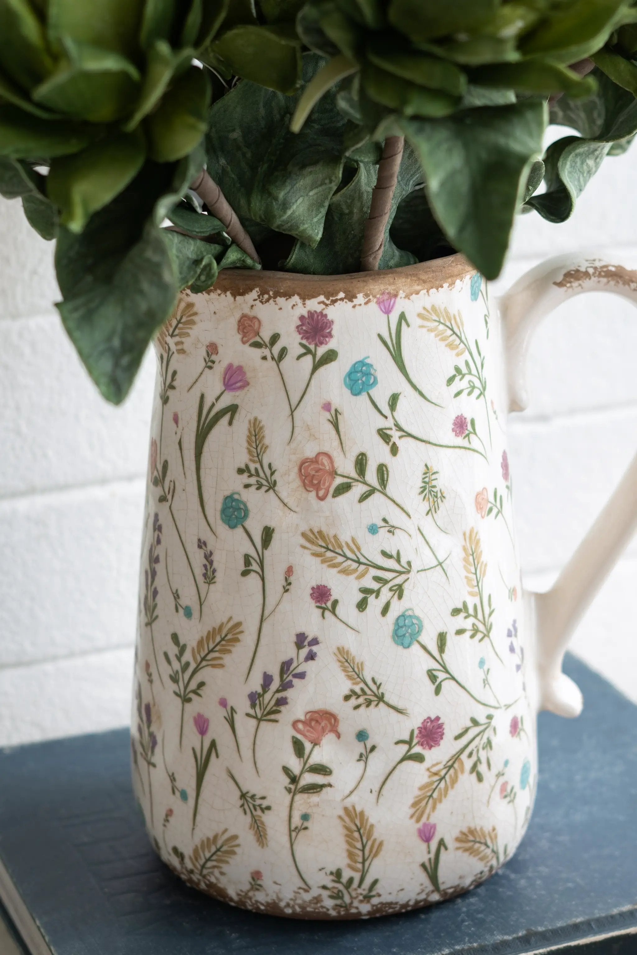 8.1x5.7x9.1" Round Ceramic Pitcher Vase with Multi-Colored Floral Motifs by HouseOfZazla