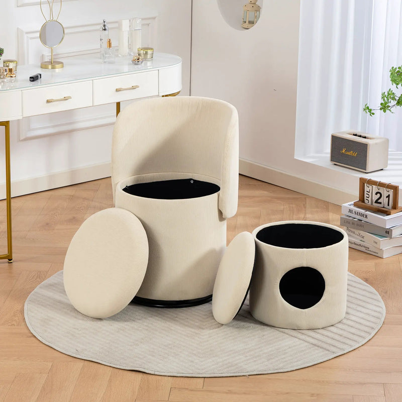 Barrel Chair, Built In Storage, 360° Swivel - Beige by HouseOfZazla