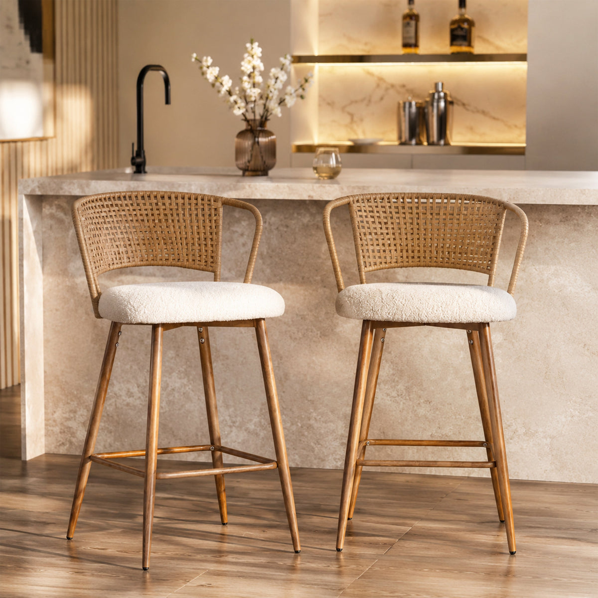 Modern Upholstered Bar Stools with Rattan Backrest Set of 2 - Metal Legs