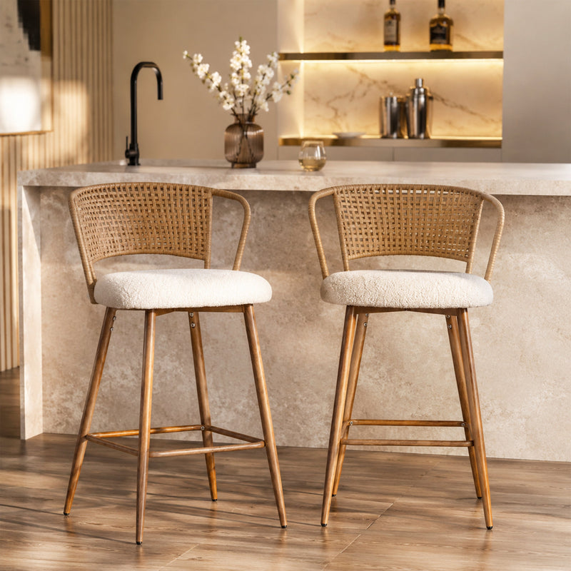 Modern Upholstered Bar Stools with Rattan Backrest Set of 2 - Metal Legs