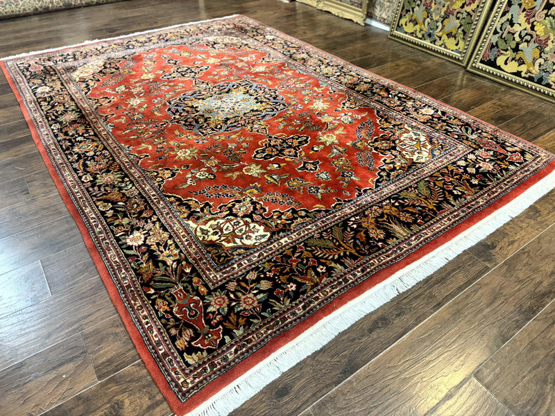 Indo Persian Rug 7x10, Vintage Handmade Wool Carpet, Floral Medallion Traditional Rug, Red and Midnight Blue by Jewel Rugs