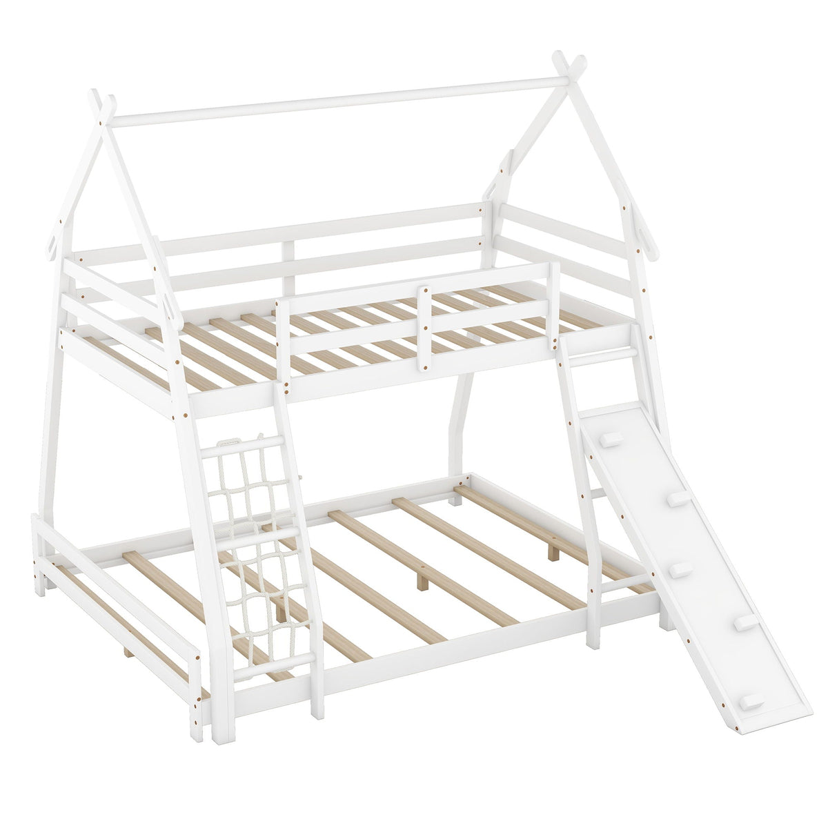 Twin Over Queen House Bunk Bed with Climbing Nets and Ramp - White or Light Brown
