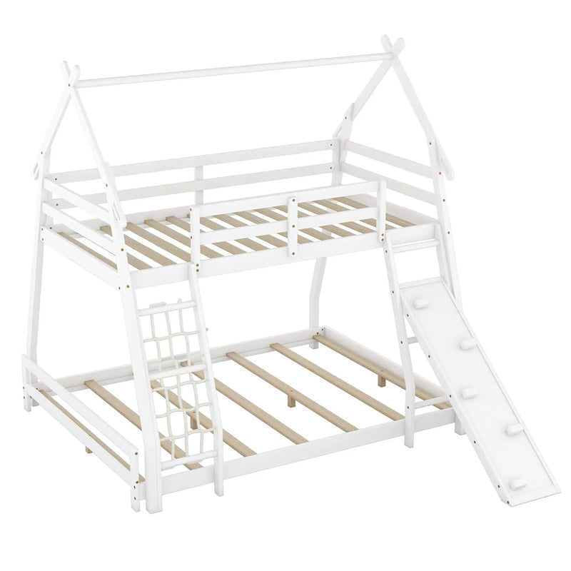 Twin Over Queen House Bunk Bed With Climbing Nets And Climbing Ramp by HouseOfZazla