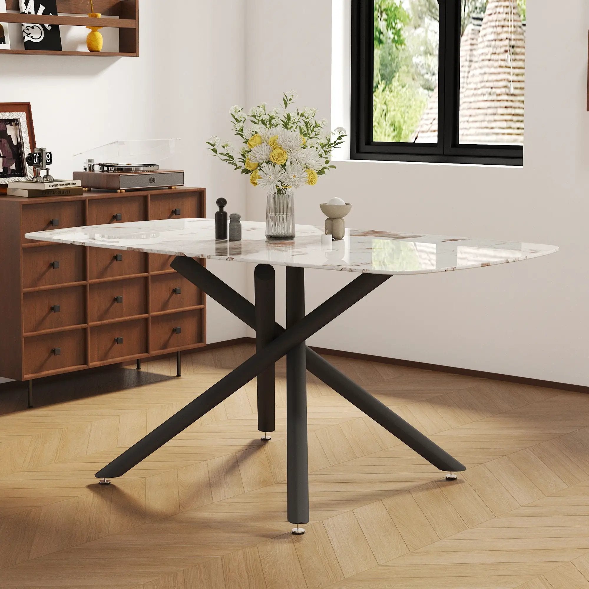 Luxurious Marble Patterned Dining Table With Metal Fork Legs by Unique Piece Furniture