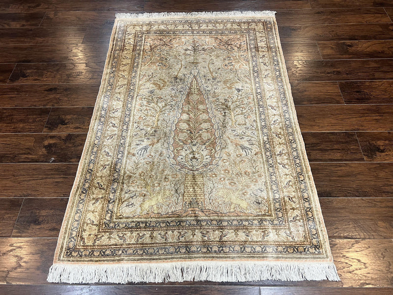 Turkish Kayseri Silk Rug 4x6, Tree of Life Pattern, Vintage Handmade Hand Knotted Carpet, Animal Pictorials, Birds by Jewel Rugs