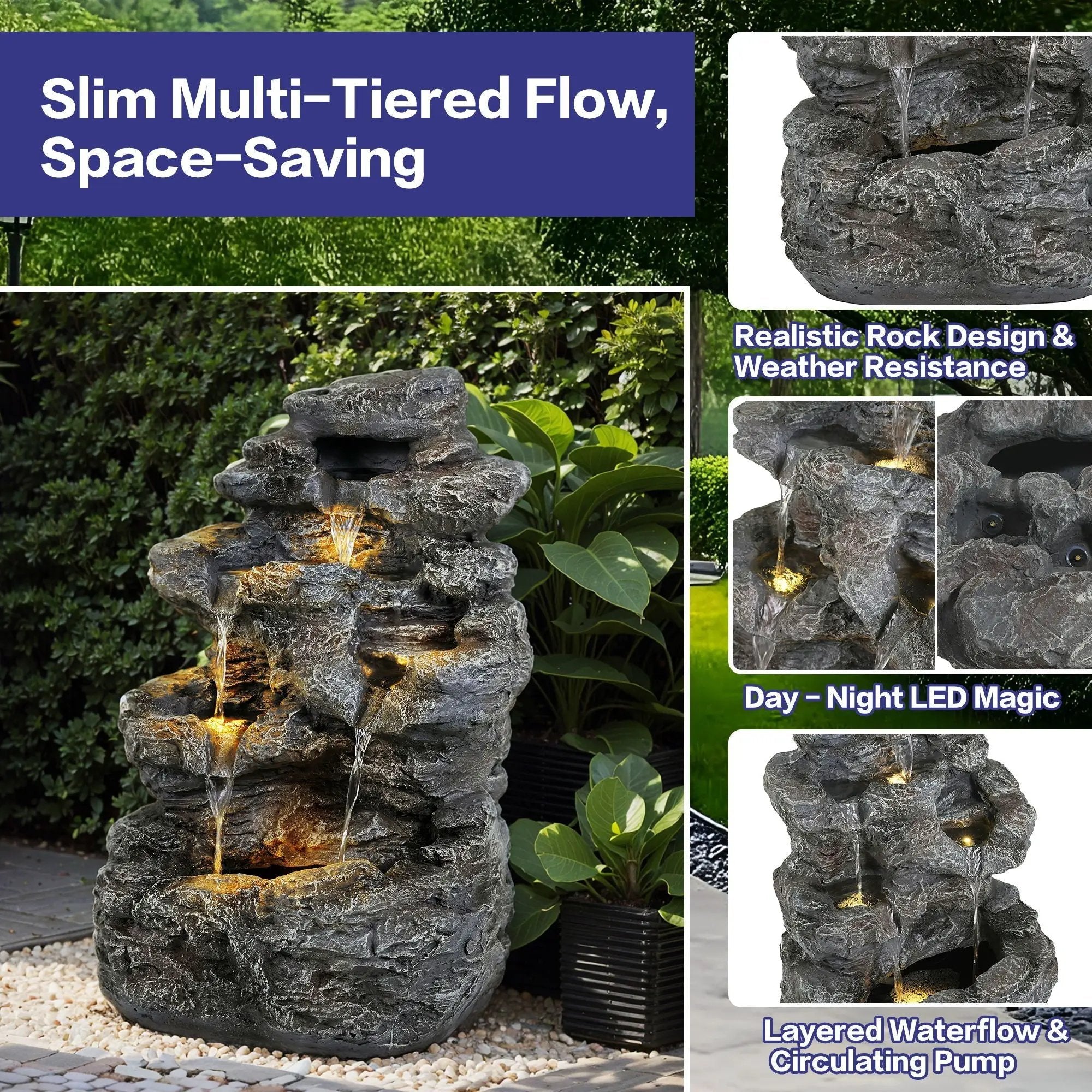 Concrete Rock Waterfall Fountain with LED Lights by HouseOfZazla