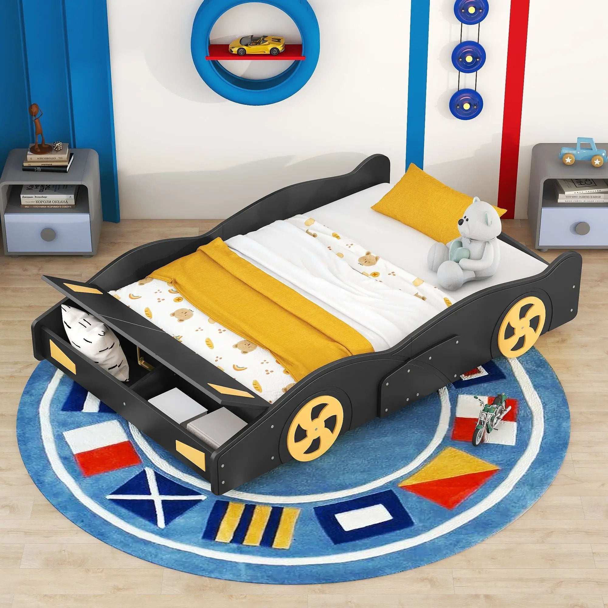 Race Car Shaped Platform Bed With Wheels And Storage by Unique Piece Furniture